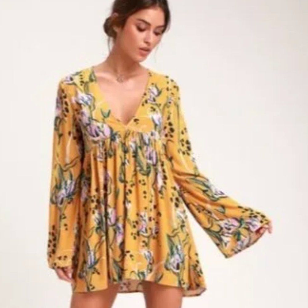 Free People Women's Bella Golden Yellow Floral Tunic V Neck Mini Dress Size XS